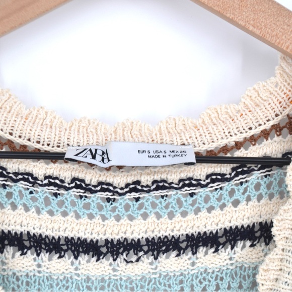 Zara Crochet Knit Maxi Dress Scallop Puff Sleeve Striped Blue Cream Women's S - Picture 7 of 8